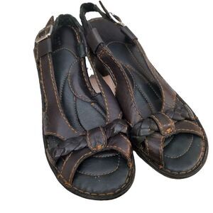 Born Leather Brown Sandals. Braided Staps. Size 7  2" heel.